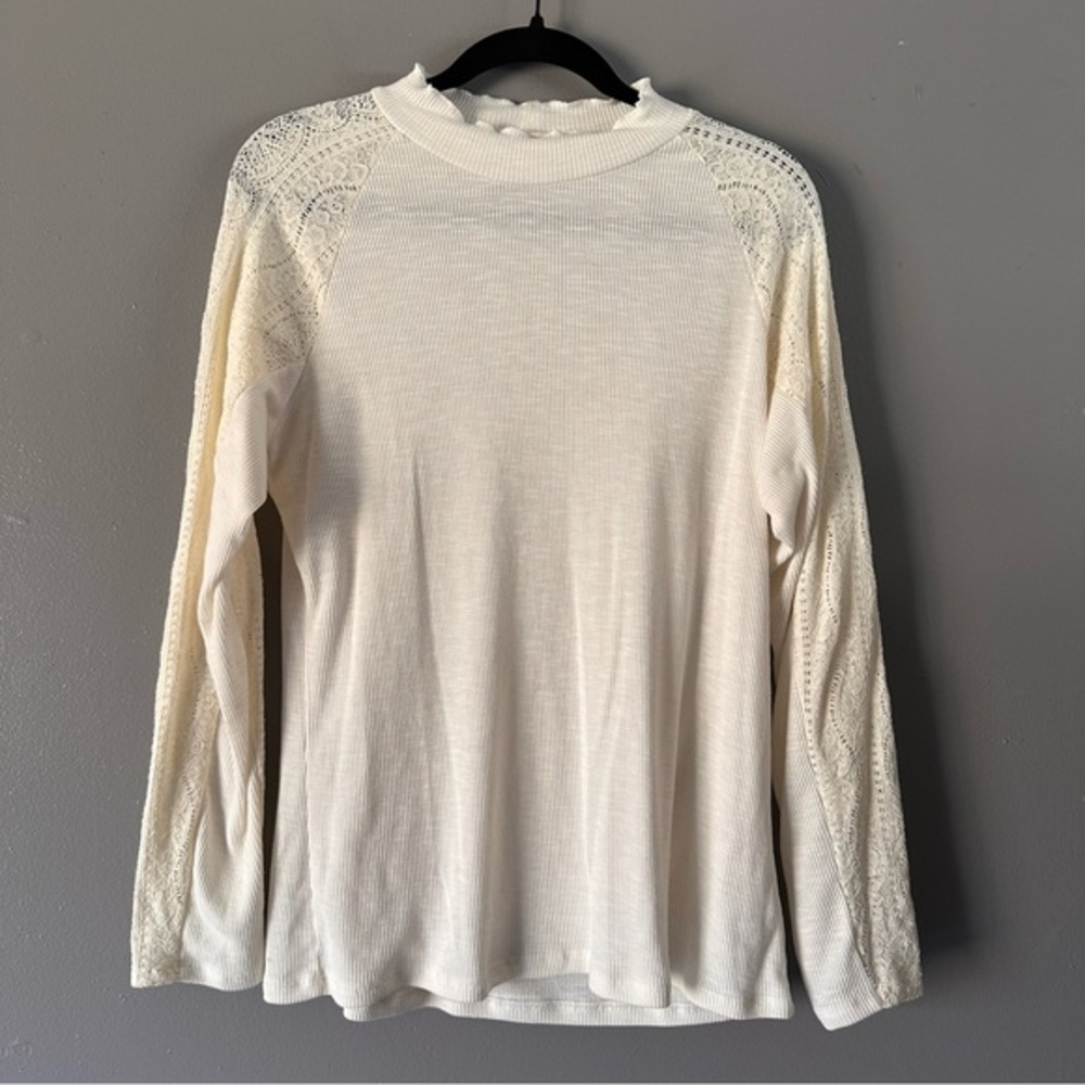 Maurices Mock Neck Lace Sleeve Ribbed Top | Ivory‎ Cream